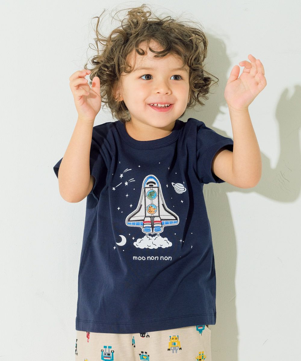 ベビー服 男の子 100％ スペースシャトル ワッペン 恐竜刺繍 Tシャツ ネイビー(06) モデル画像1