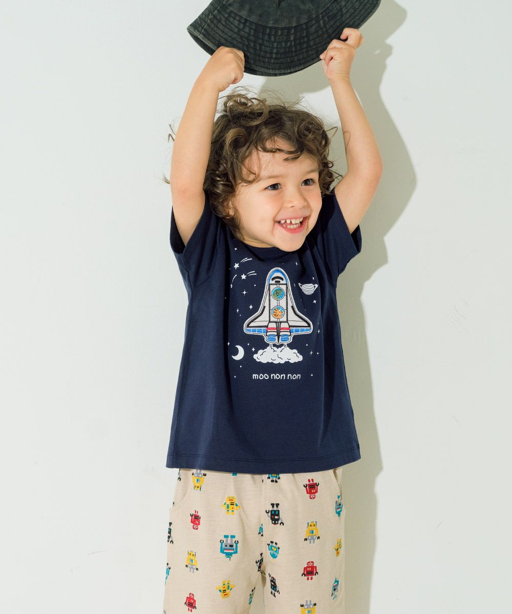 ベビー服 男の子 100％ スペースシャトル ワッペン 恐竜刺繍 Tシャツ ネイビー(06) モデル画像2