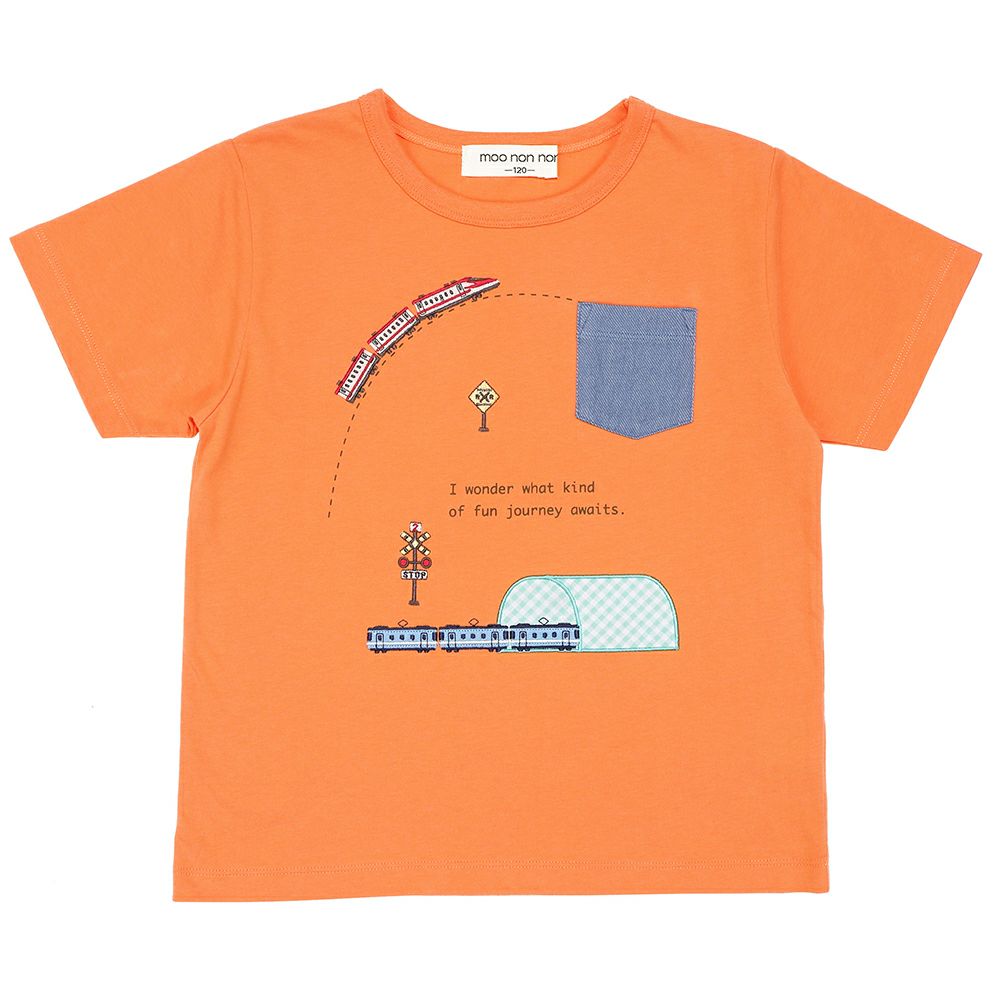 ベビー服 男の子 綿100％ 電車刺繍 ポケットつき 乗り物Tシャツ オレンジ(07) 正面