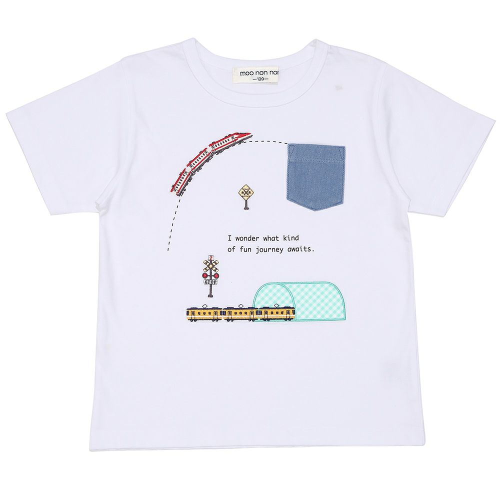ベビー服 男の子 綿100％ 電車刺繍 ポケットつき 乗り物Tシャツ オフホワイト(11) 正面