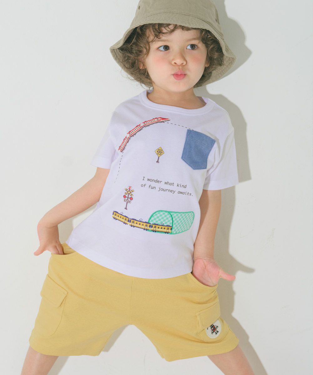ベビー服 男の子 綿100％ 電車刺繍 ポケットつき 乗り物Tシャツ オフホワイト(11) モデル画像4