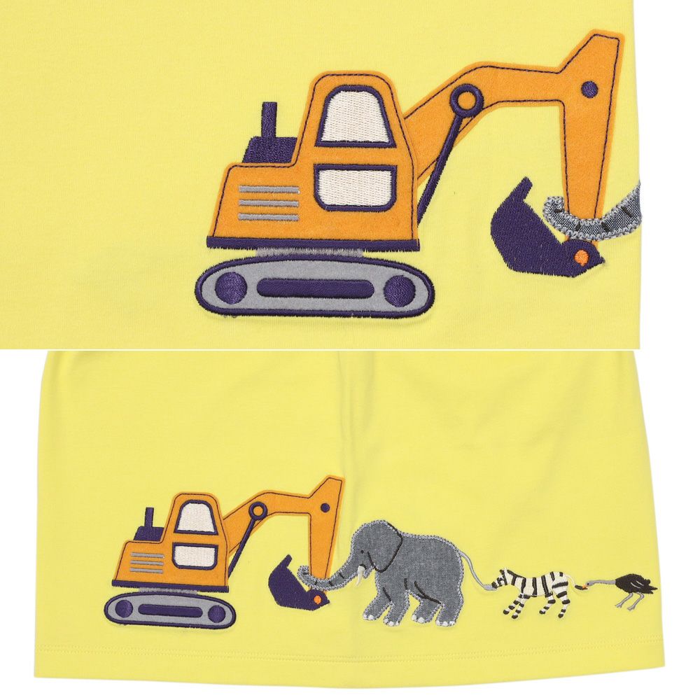 ベビー服 男の子 綿100％ ショベルカー＆動物ワッペン ロゴ刺繍 Tシャツ イエロー(04) デザインポイント1