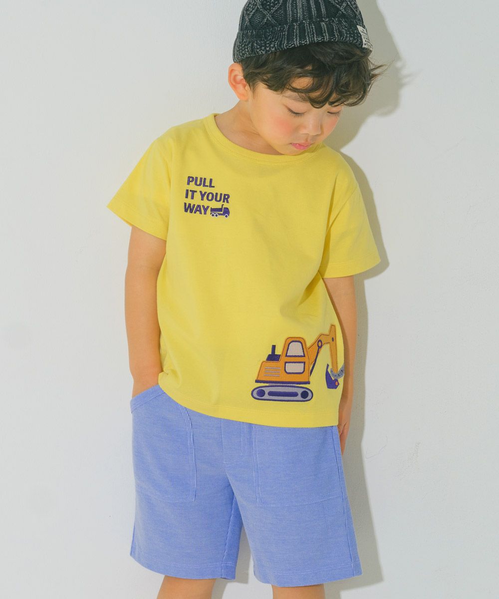 ベビー服 男の子 綿100％ ショベルカー＆動物ワッペン ロゴ刺繍 Tシャツ イエロー(04) モデル画像アップ
