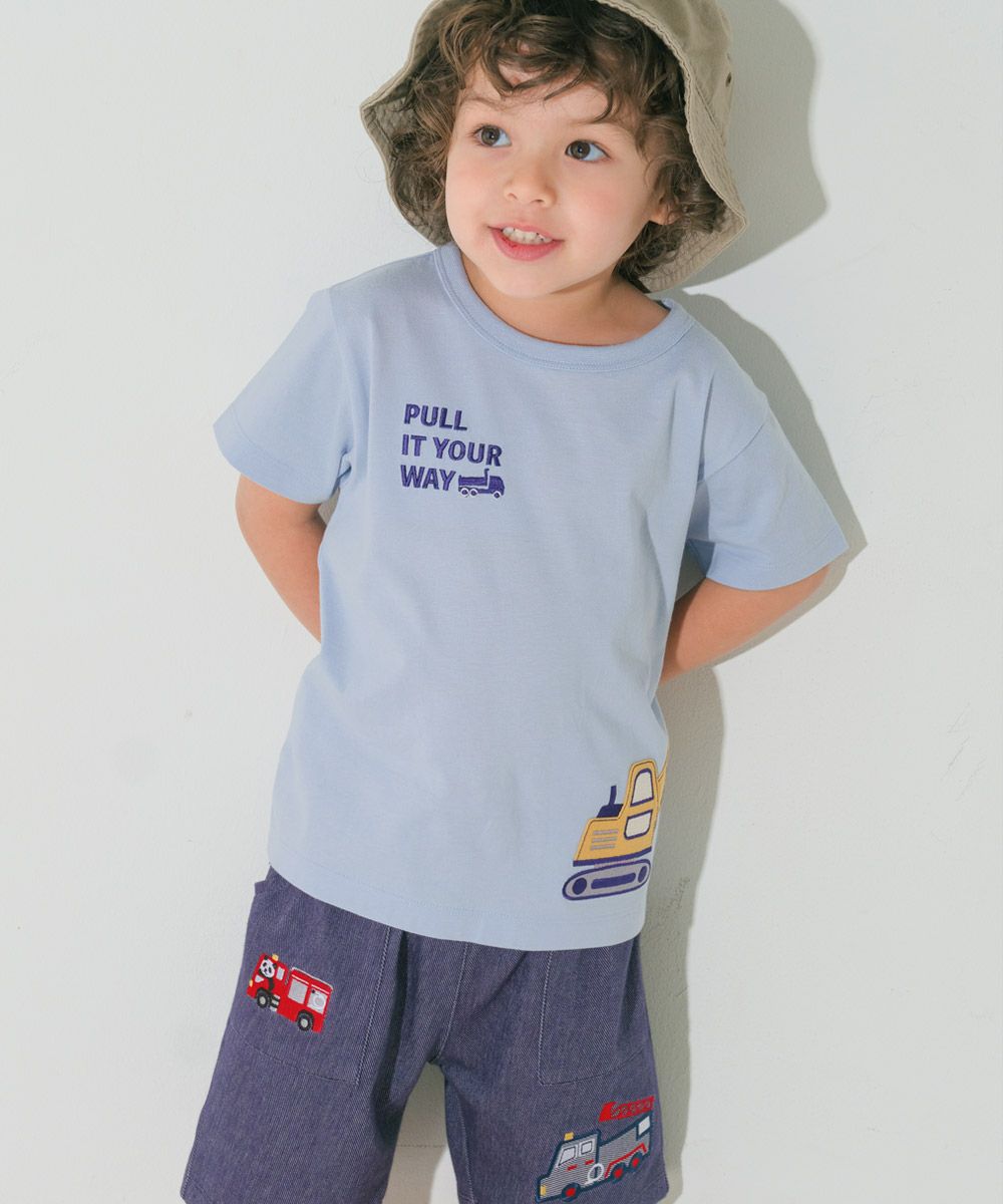 ベビー服 男の子 綿100％ ショベルカー＆動物ワッペン ロゴ刺繍 Tシャツ ブルー(61) モデル画像1
