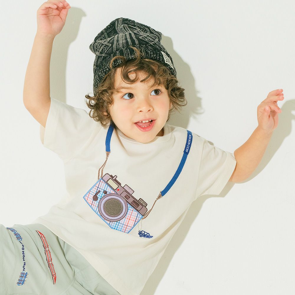 ベビー服 男の子 綿100％ チェック柄カメラモチーフ 車刺繍Tシャツ