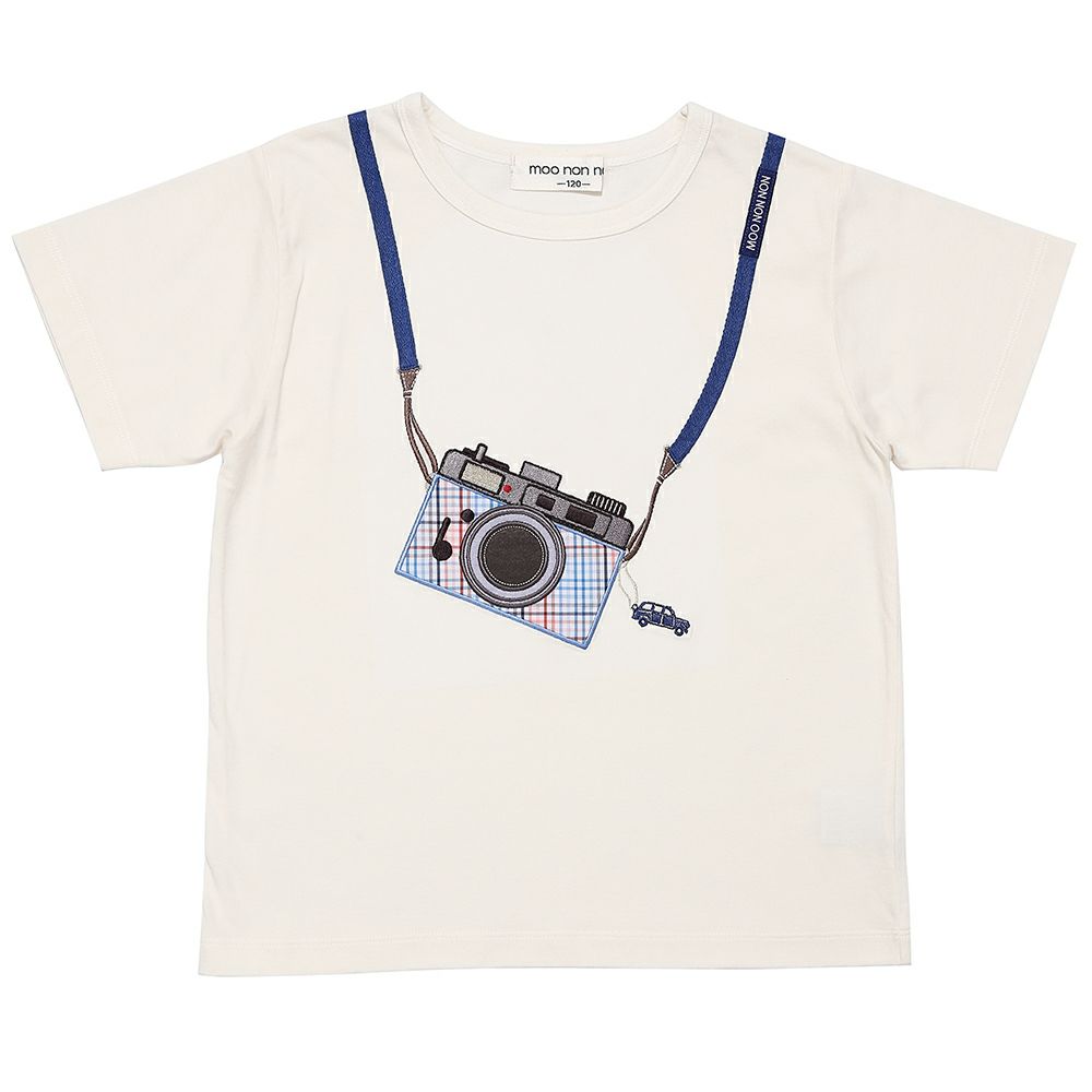 ベビー服 男の子 綿100％ チェック柄カメラモチーフ 車刺繍Tシャツ アイボリー(12) 正面