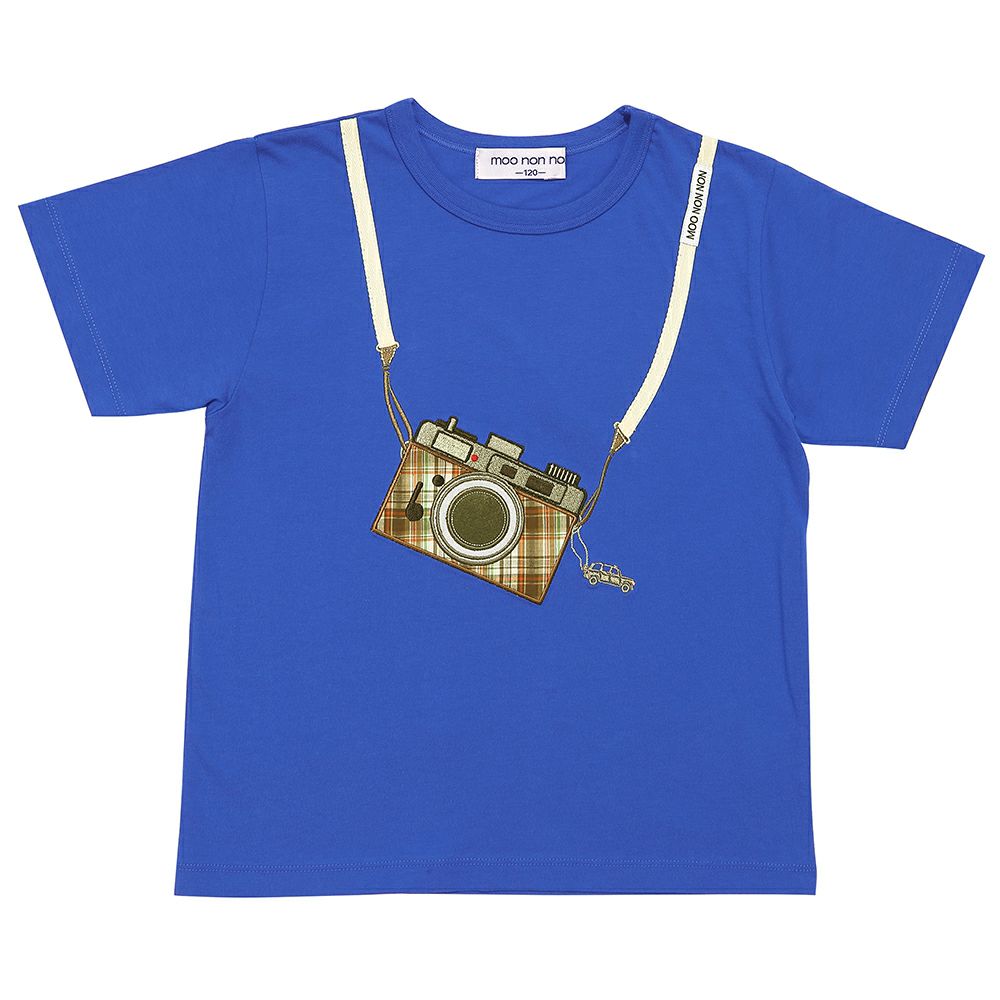 ベビー服 男の子 綿100％ チェック柄カメラモチーフ 車刺繍Tシャツ ブルー(61) 正面