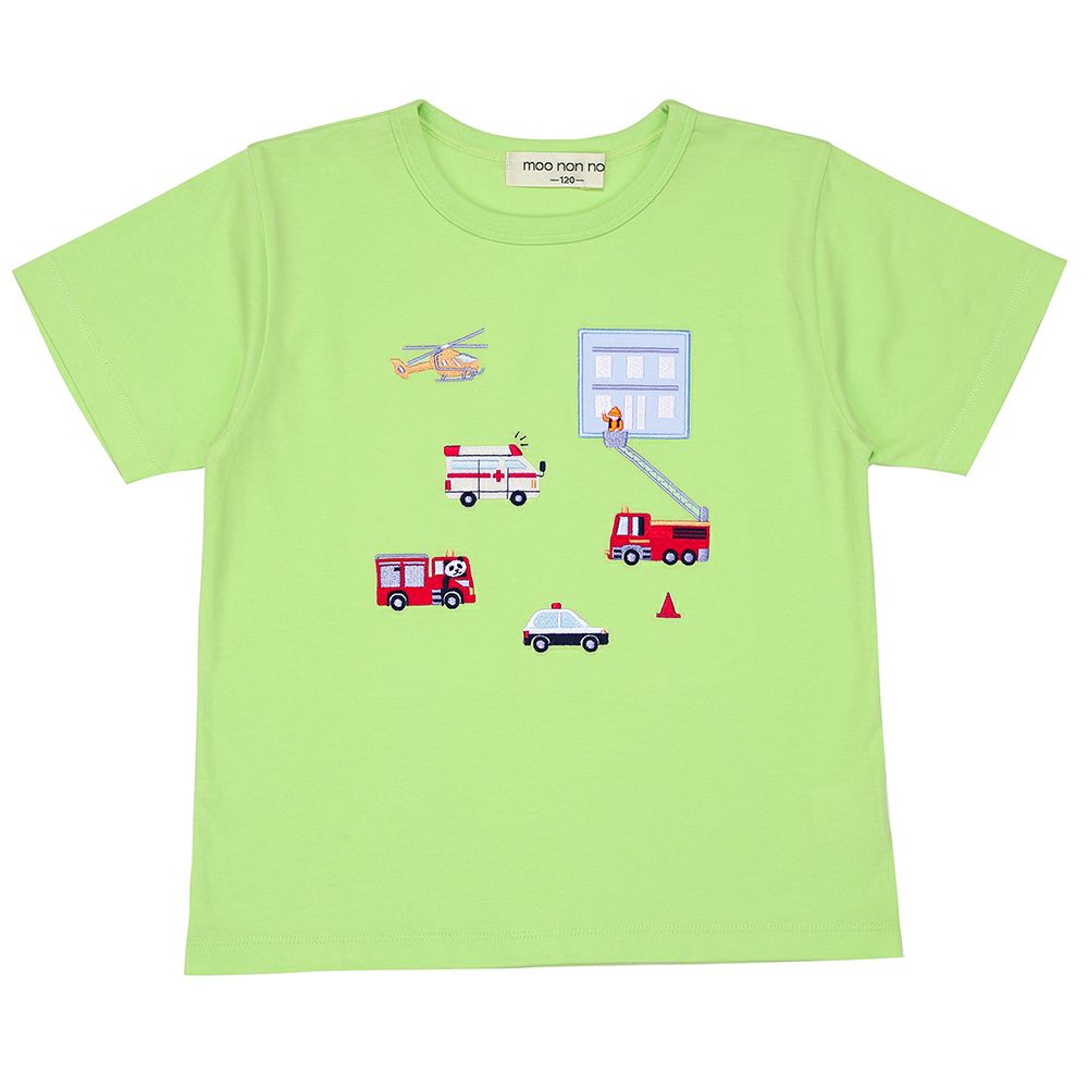 ベビー服 男の子 綿100％ はたらく車  レスキュー隊刺繍Tシャツ グリーン(08) 正面