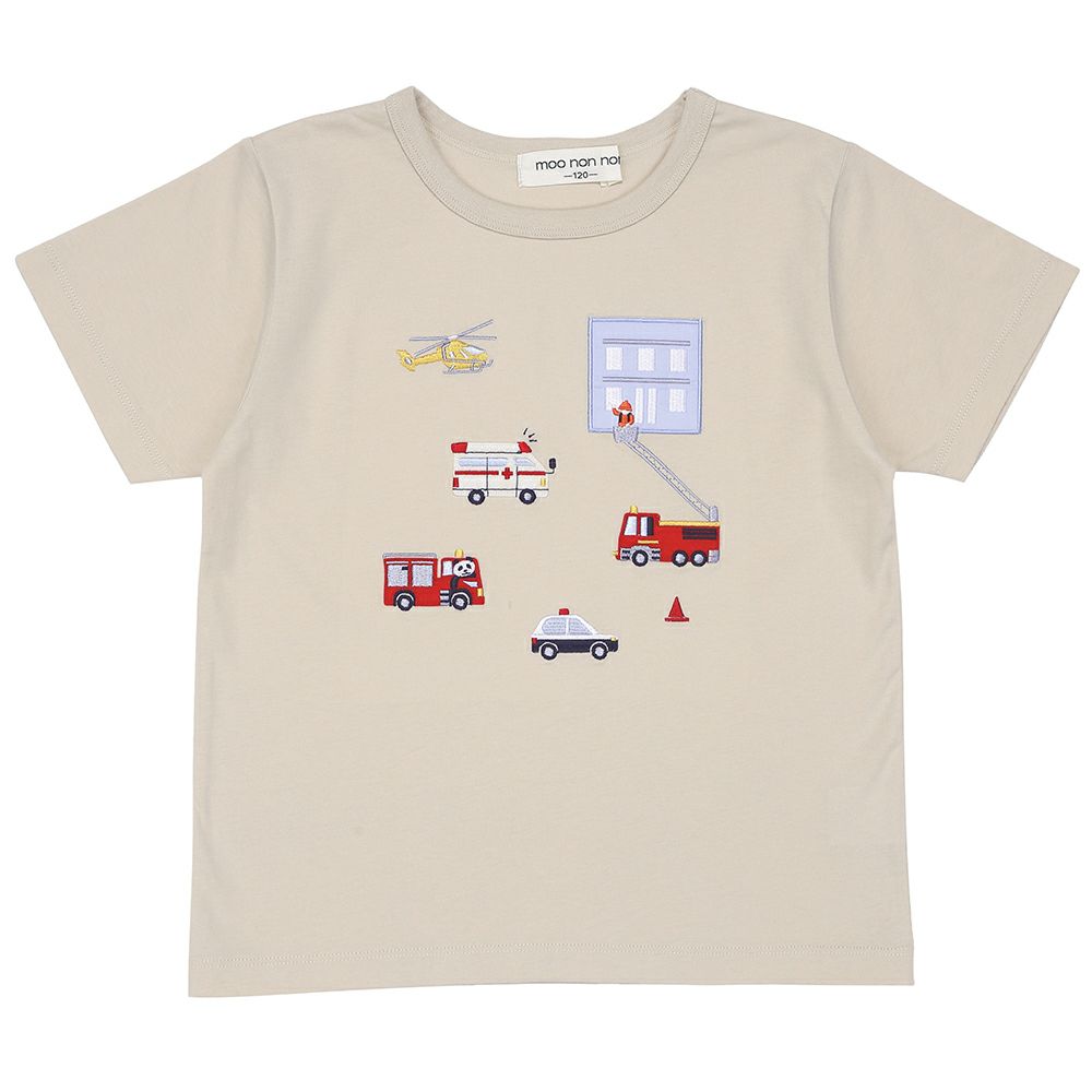 ベビー服 男の子 綿100％ はたらく車  レスキュー隊刺繍Tシャツ ベージュ(51) 正面
