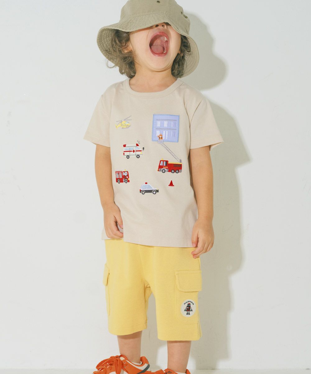 ベビー服 男の子 綿100％ はたらく車  レスキュー隊刺繍Tシャツ ベージュ(51) モデル画像アップ