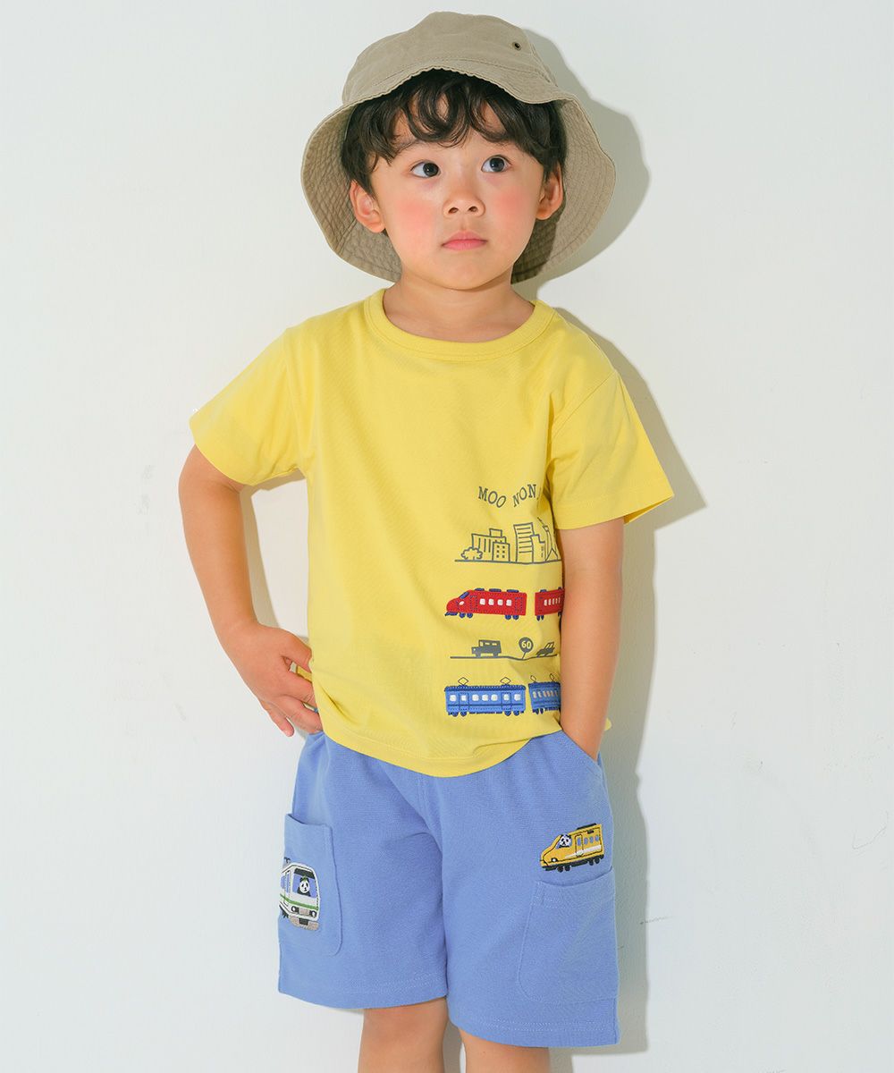ベビー服 男の子 子ども服 こども キッズ パンダ 電車 乗り物刺? ストレッチ ウエストゴム ポケット ブルー(61) モデル画像アップ