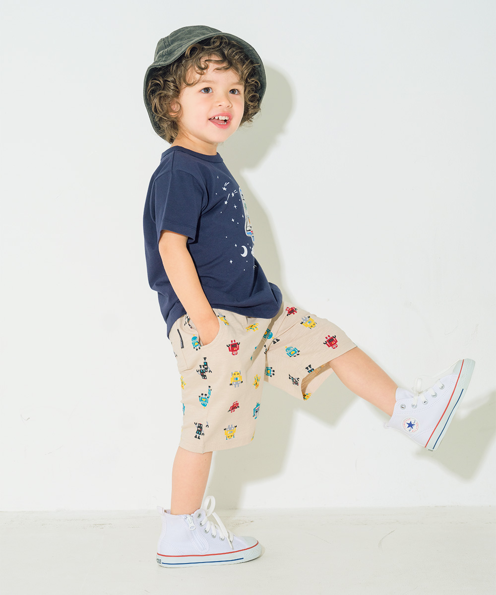 ベビー服 男の子 子ども服 こども キッズ 綿100％ オリジナルロボットプリント ウエストゴム ポケットつき ベージュ(51) モデル画像全身
