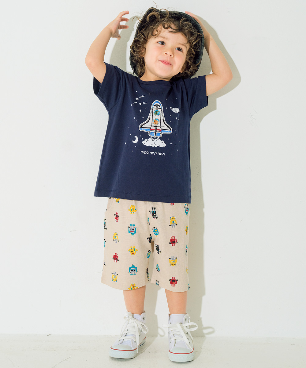 ベビー服 男の子 子ども服 こども キッズ 綿100％ オリジナルロボットプリント ウエストゴム ポケットつき ベージュ(51) モデル画像2