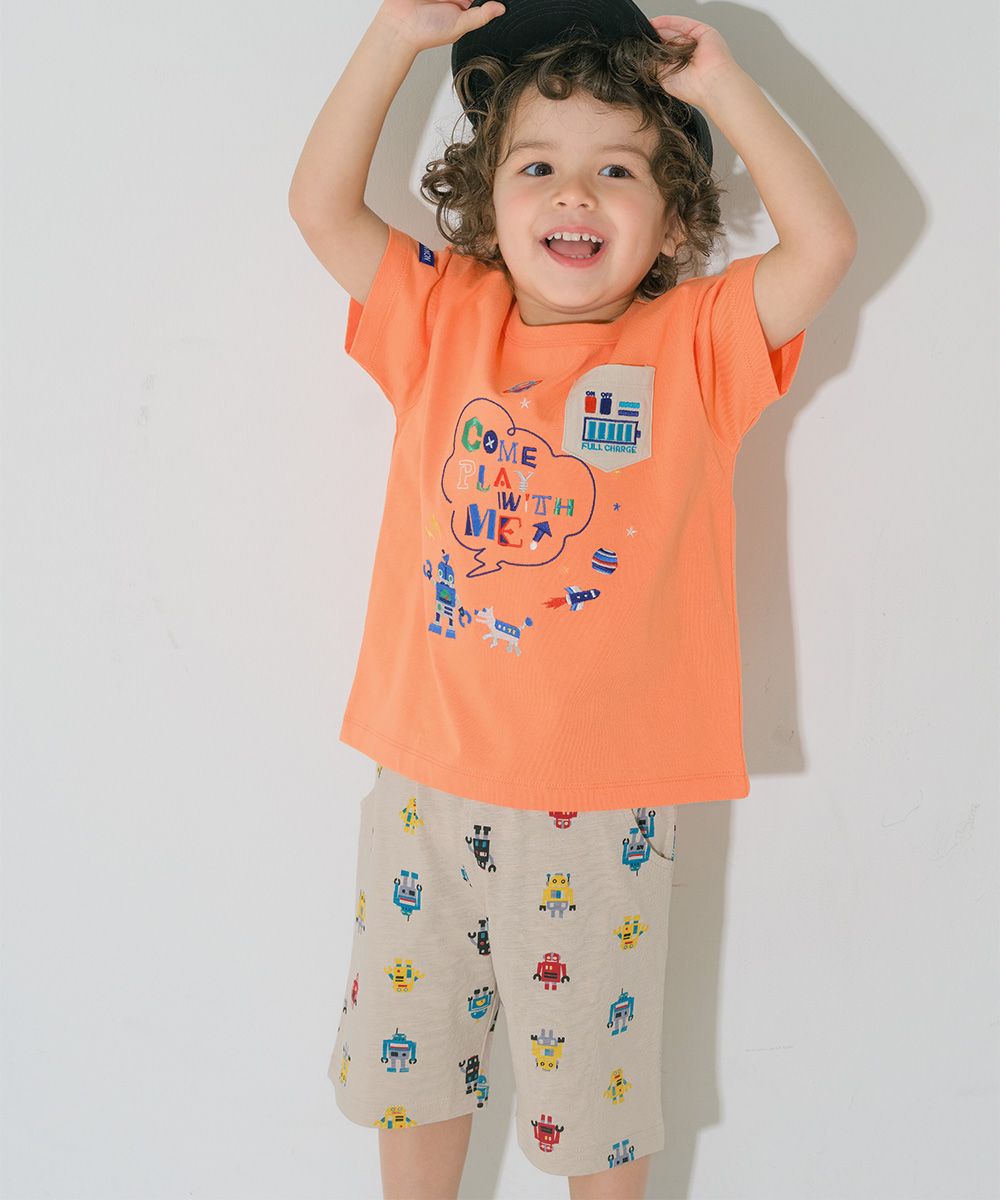 ベビー服 男の子 子ども服 こども キッズ 綿100％ オリジナルロボットプリント ウエストゴム ポケットつき ベージュ(51) モデル画像3
