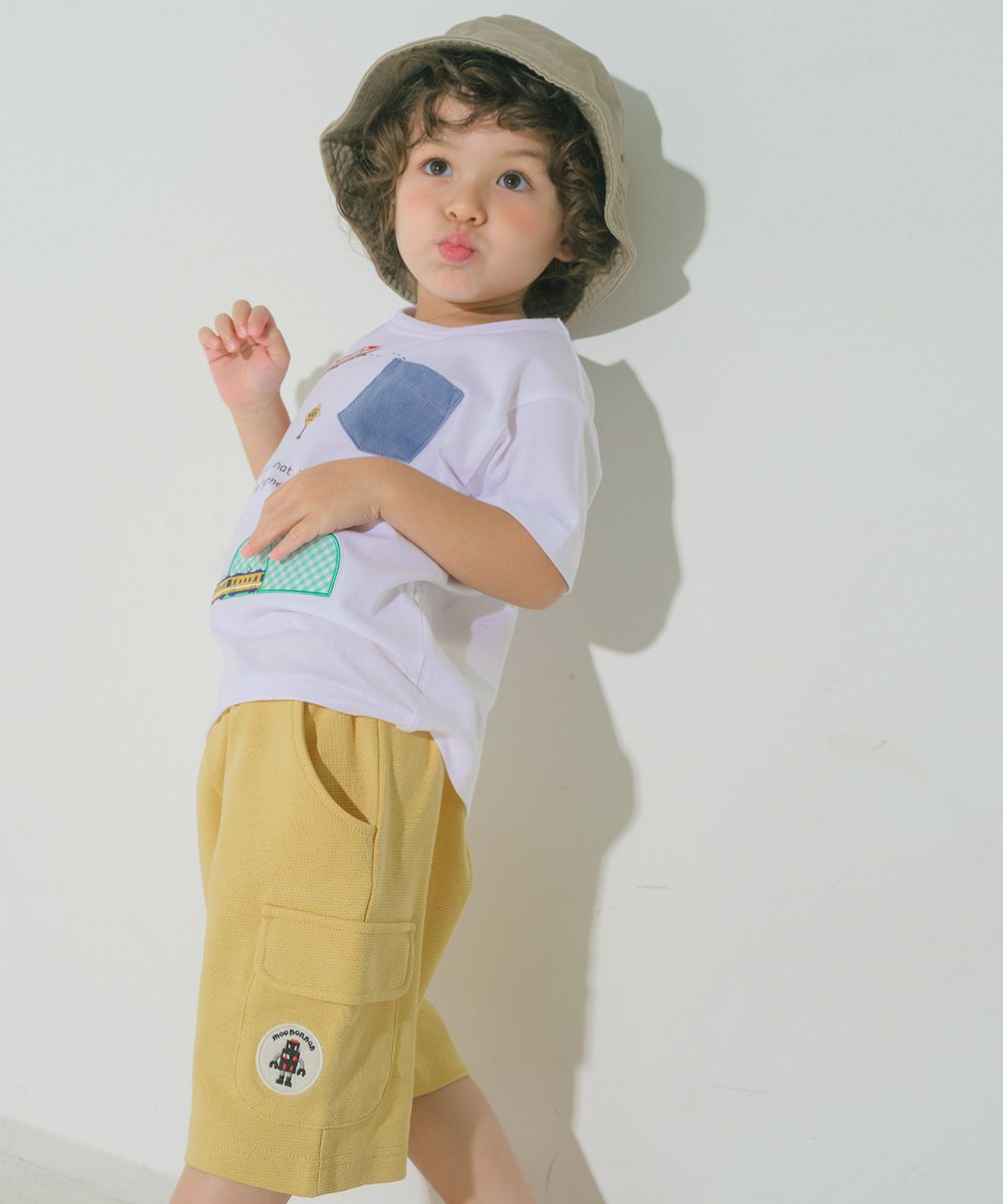 ベビー服 男の子 子ども服 こども キッズ ストレッチ ロボットワッペンつき ウエストゴム ポケット イエロー(04) モデル画像1