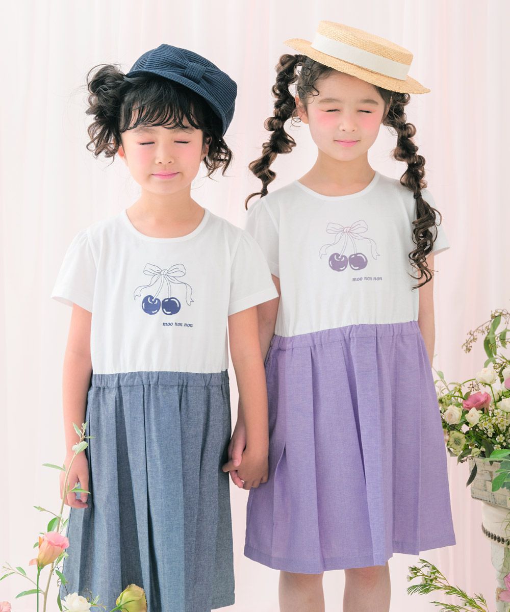 子供服 女の子 チェリー ロゴ刺繍 プリーツ風ドッキングワンピース パープル(91) モデル画像3