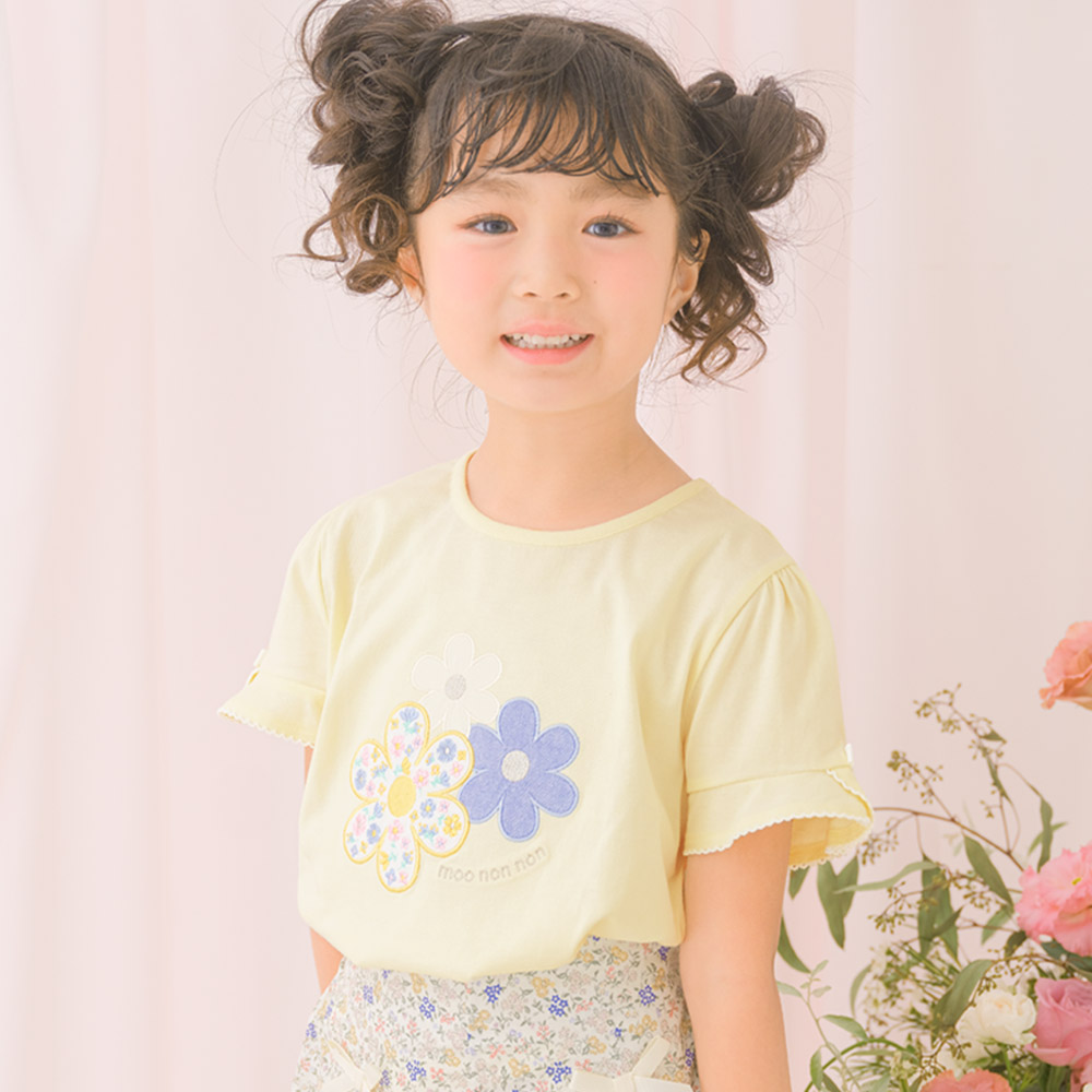 ベビー服 女の子 綿100％ お花 ロゴ刺繍 リボンつきTシャツ
