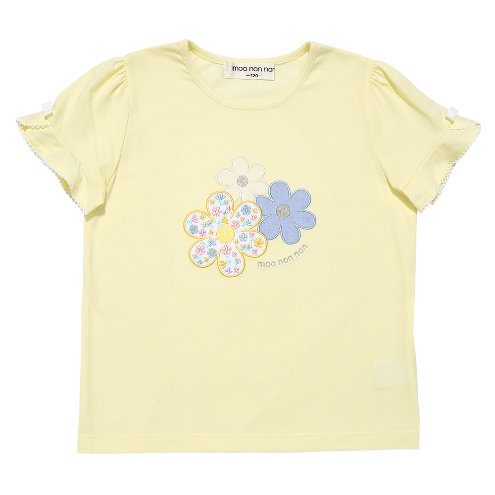 ベビー服 女の子 綿100％ お花 ロゴ刺繍 リボンつきTシャツ イエロー(04) 正面