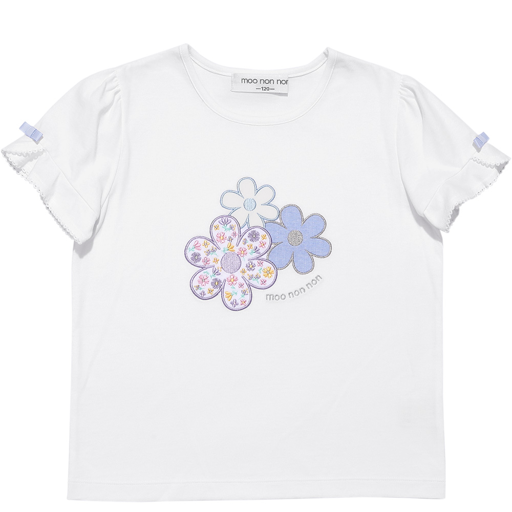 ベビー服 女の子 綿100％ お花 ロゴ刺繍 リボンつきTシャツ オフホワイト(11) 正面
