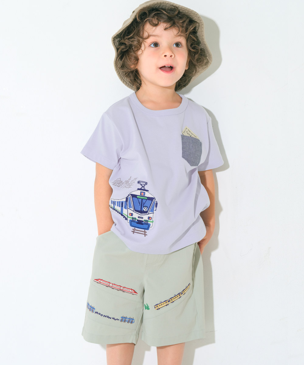 ベビー服 男の子 電車 乗り物刺繍 ストレッチハーフパンツ グリーン(08) モデル画像アップ