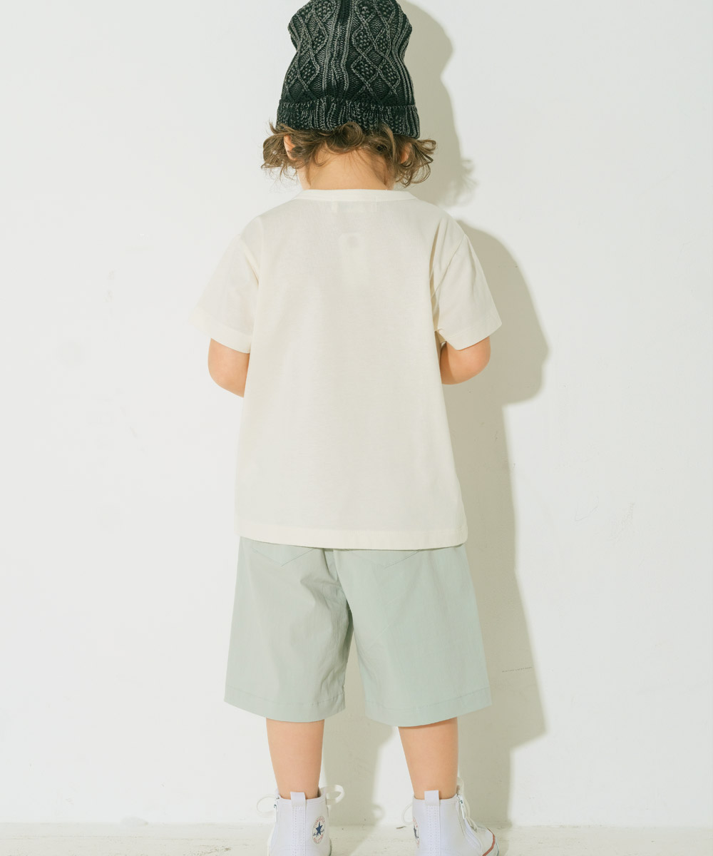 ベビー服 男の子 電車 乗り物刺繍 ストレッチハーフパンツ グリーン(08) モデル画像全身