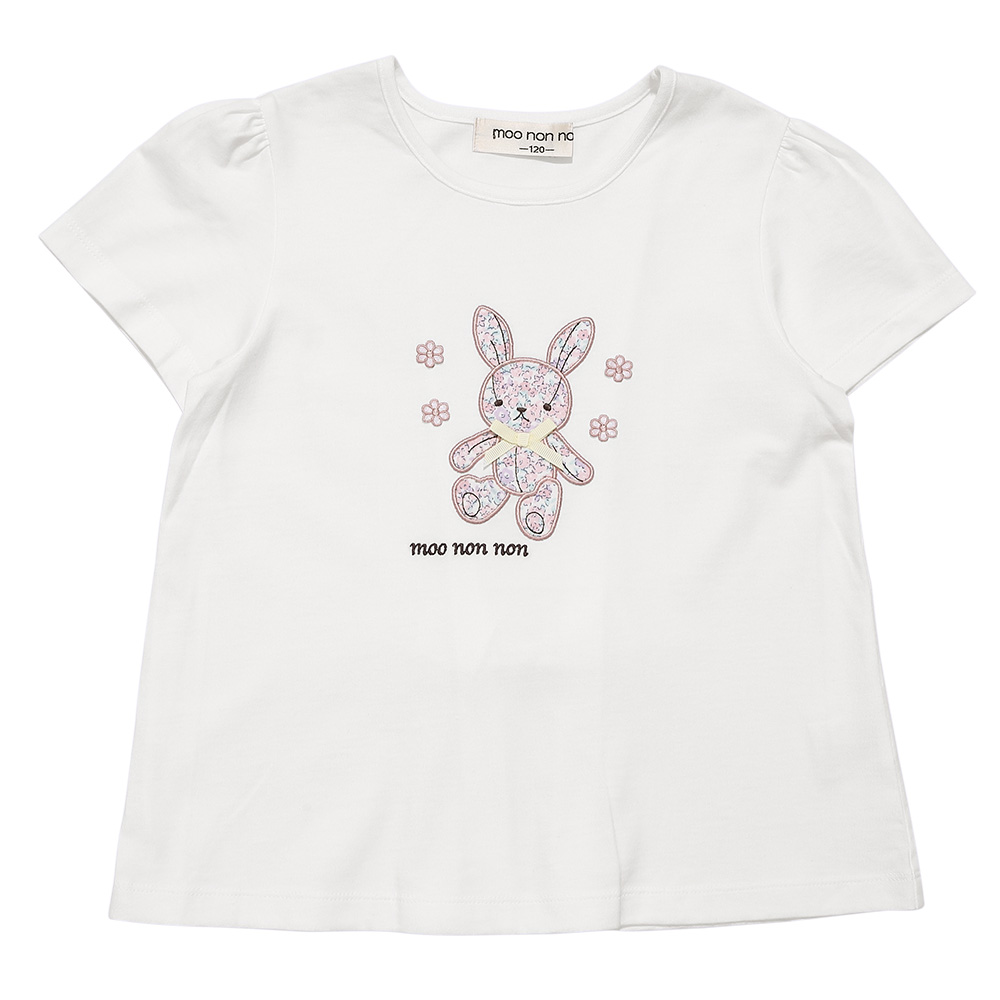 ベビー服 女の子 綿100％ 花柄うさぎアップリケ バックリボンつきTシャツ オフホワイト(11) 正面
