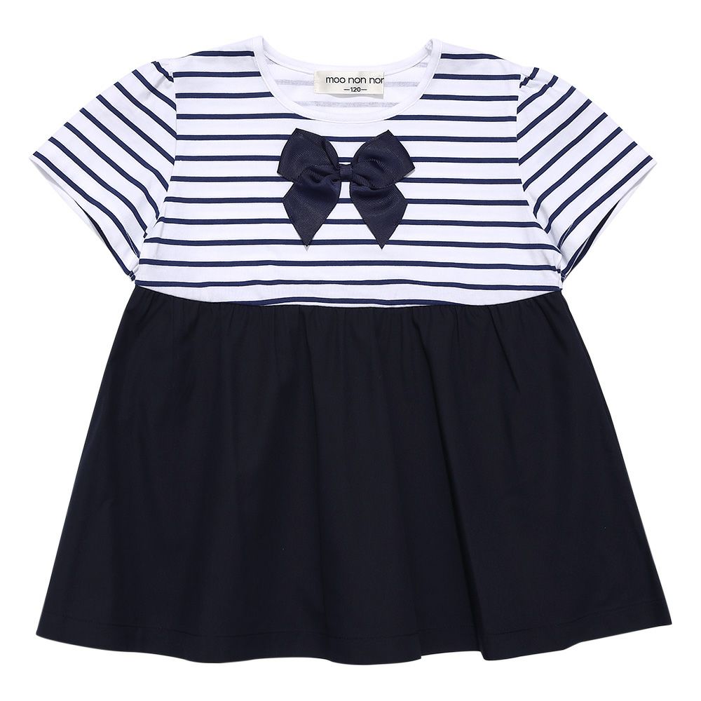 ベビー服 女の子 ボーダー柄リボン付き ギャザー切り替え チュニックTシャツ ネイビー(06) 正面