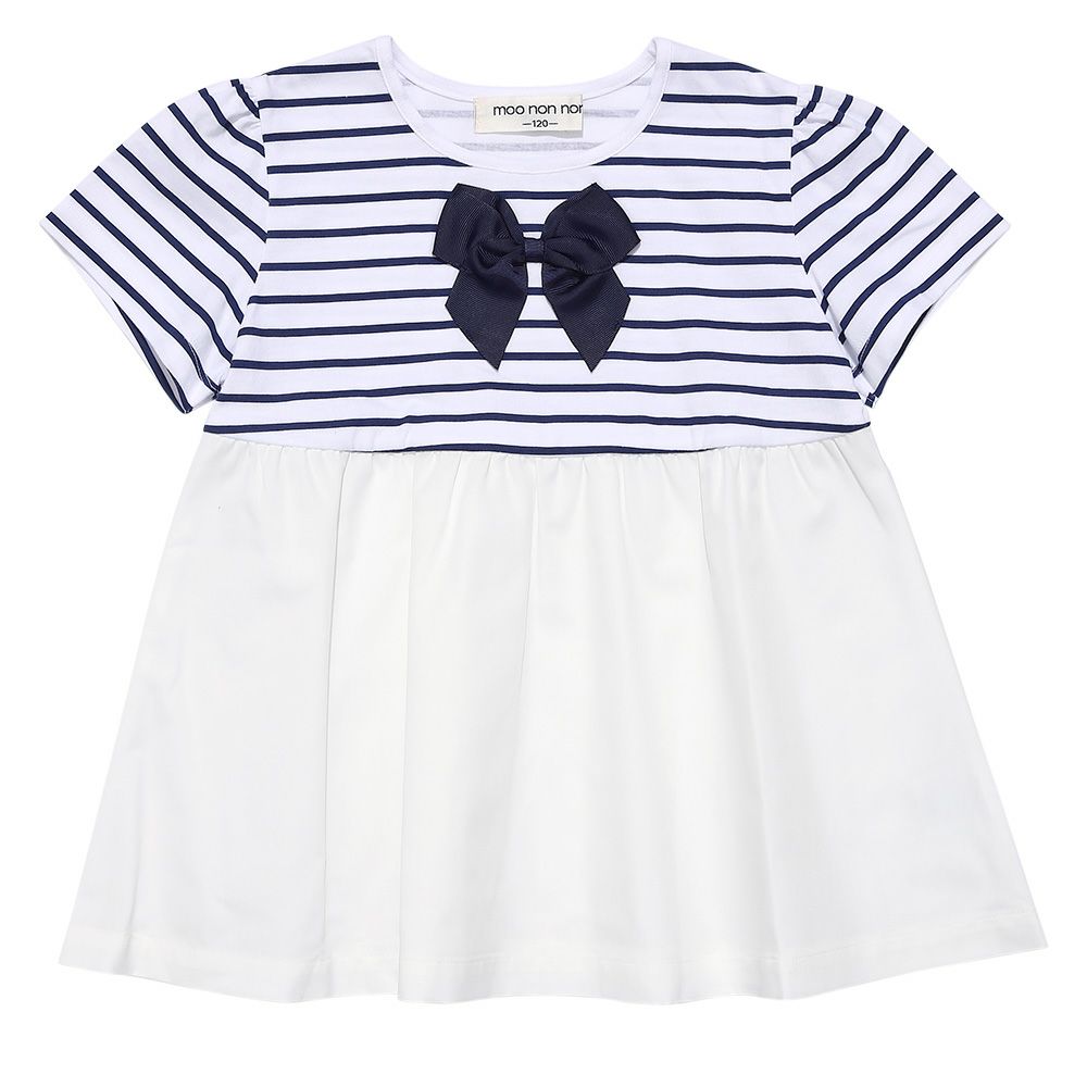 ベビー服 女の子 ボーダー柄リボン付き ギャザー切り替え チュニックTシャツ オフホワイト(11) 正面