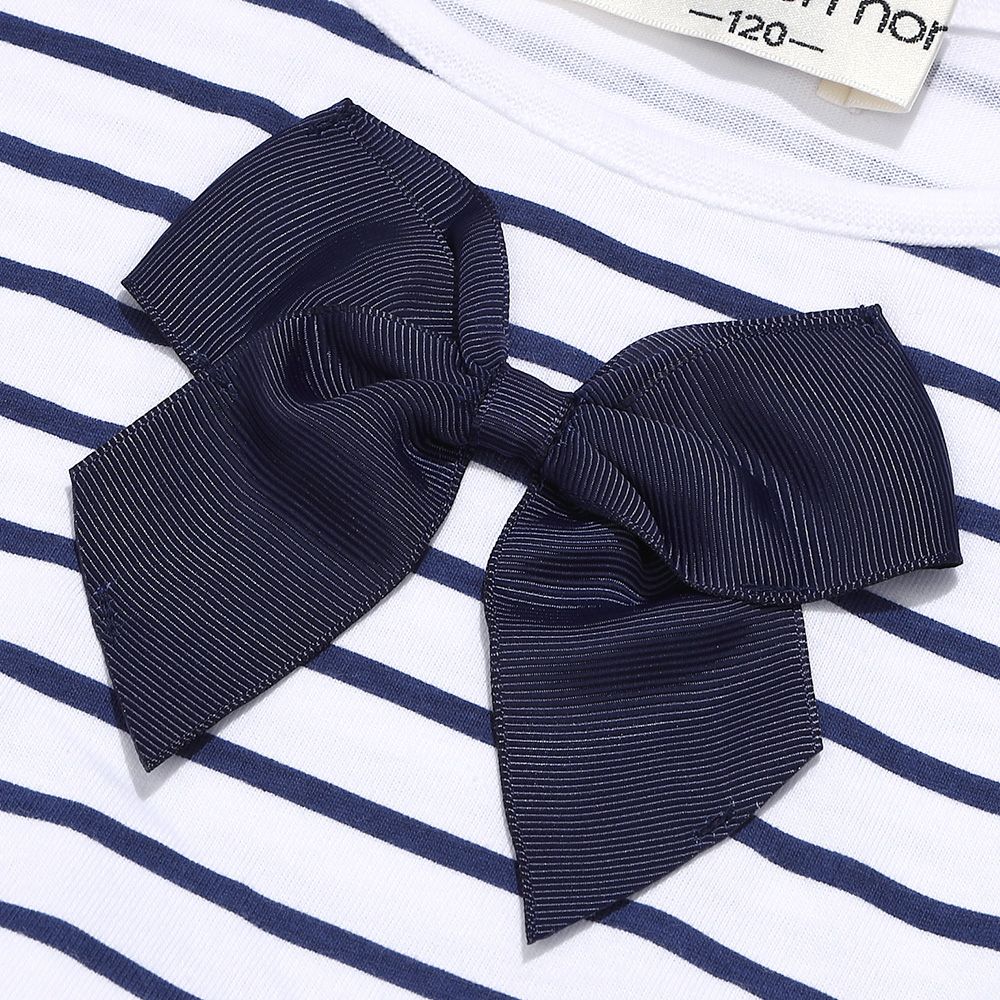 ベビー服 女の子 ボーダー柄リボン付き ギャザー切り替え チュニックTシャツ オフホワイト(11) デザインポイント1