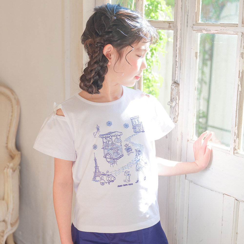 子供服 女の子 綿100％ パリ風景刺繍 お花モチーフ肩あきTシャツ