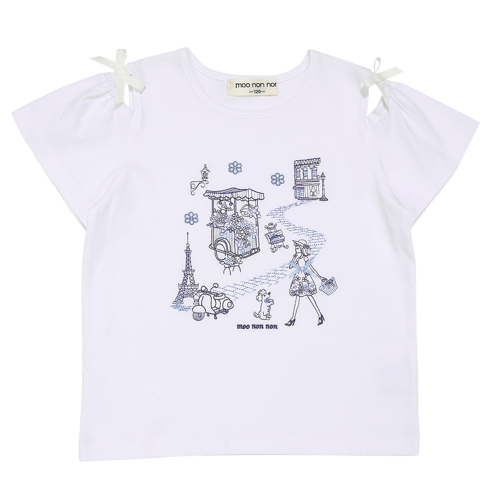 子供服 女の子 綿100％ パリ風景刺繍 お花モチーフ肩あきTシャツ オフホワイト(11) 正面