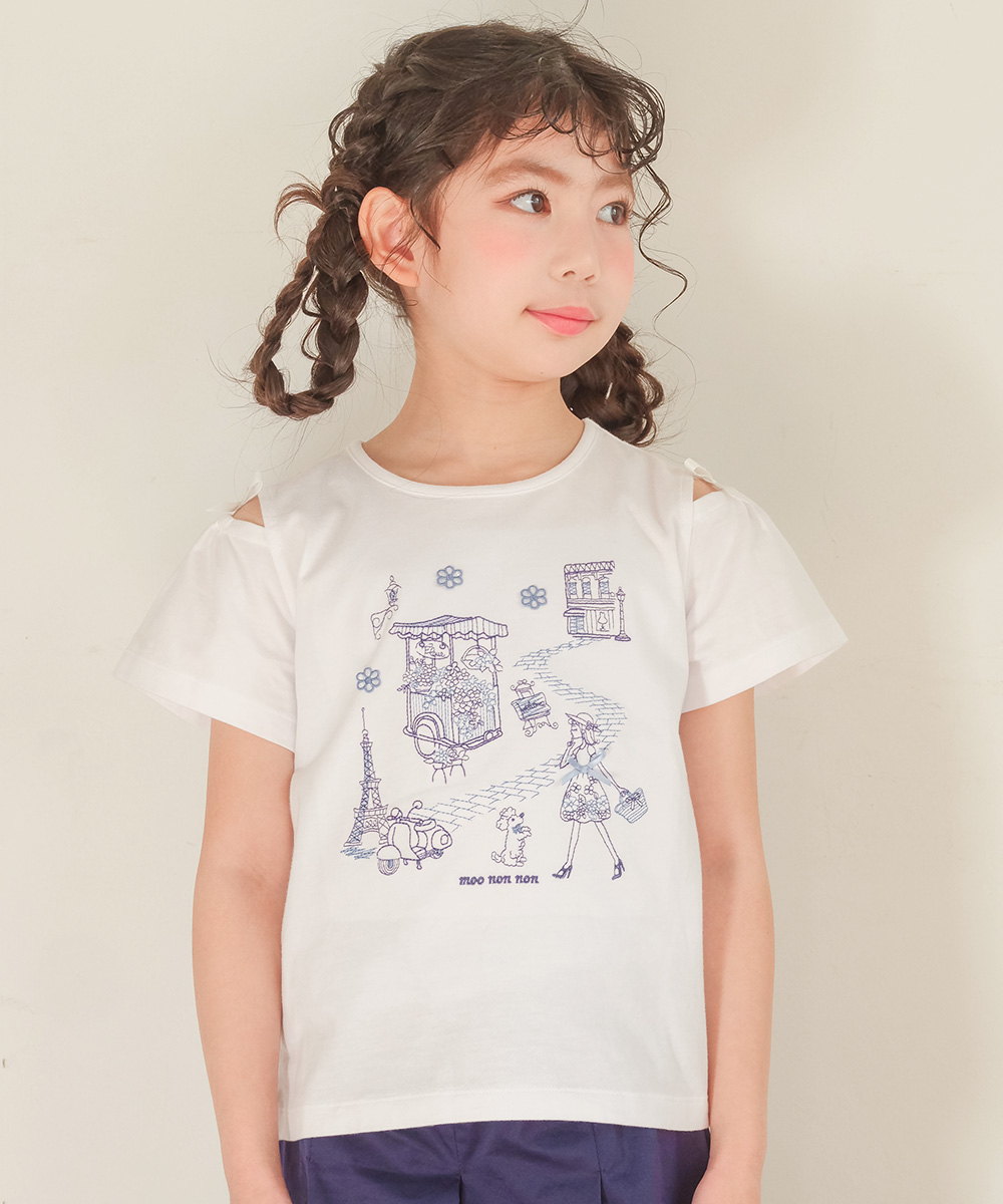 子供服 女の子 綿100％ パリ風景刺繍 お花モチーフ肩あきTシャツ オフホワイト(11) モデル画像アップ