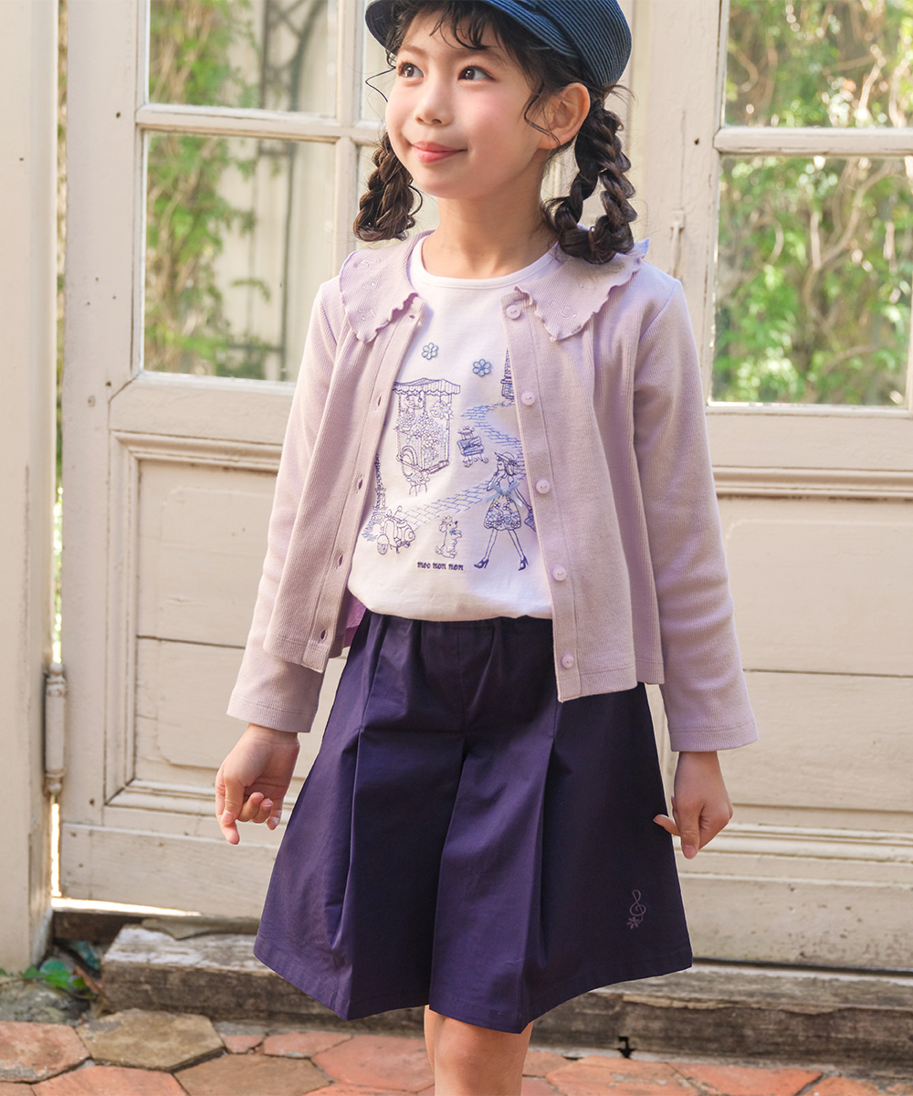 子供服 女の子 綿100％ パリ風景刺繍 お花モチーフ肩あきTシャツ オフホワイト(11) モデル画像1