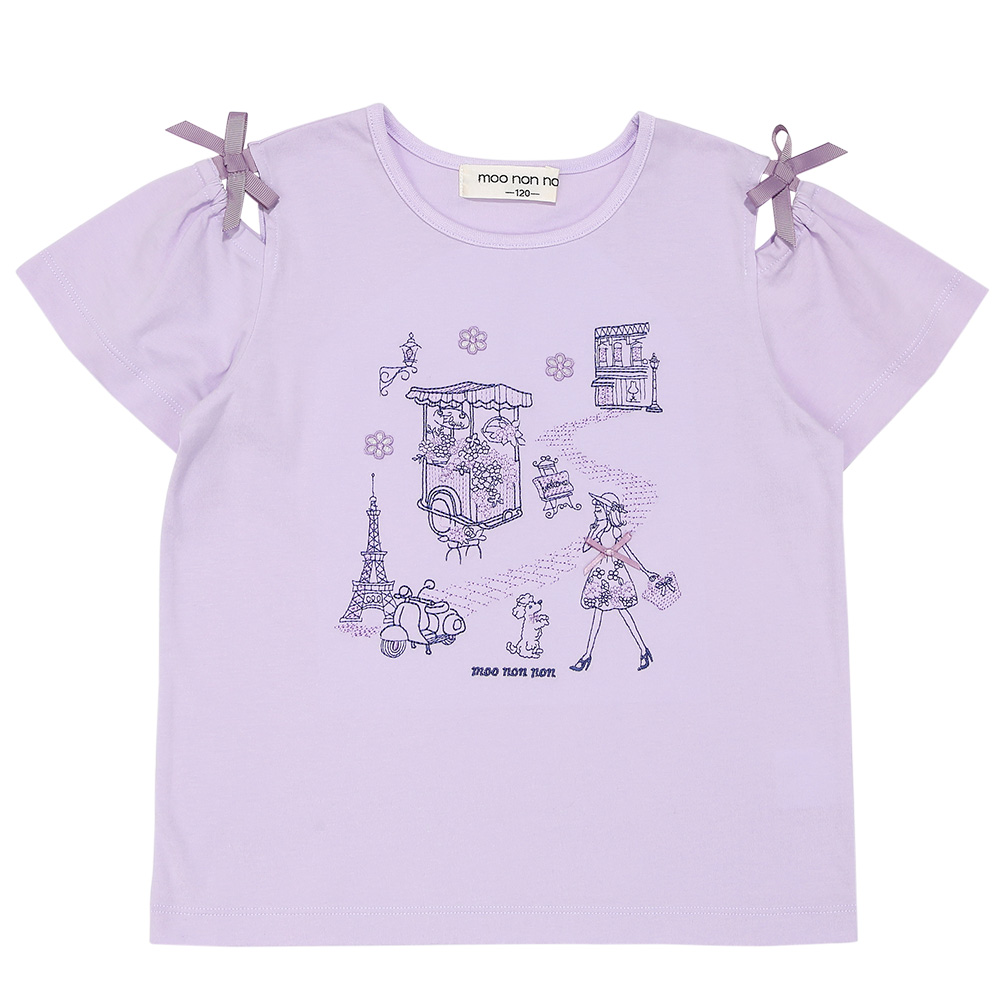 子供服 女の子 綿100％ パリ風景刺繍 お花モチーフ肩あきTシャツ パープル(91) 正面