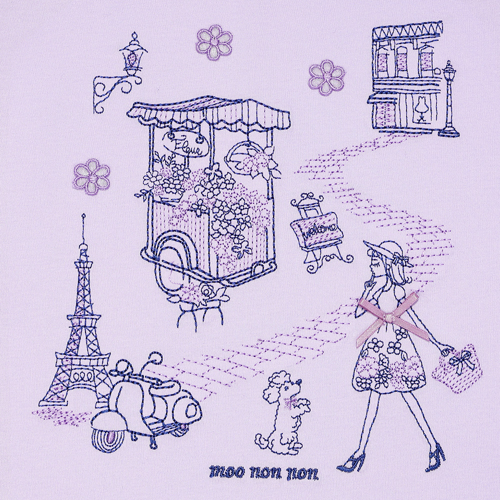 子供服 女の子 綿100％ パリ風景刺繍 お花モチーフ肩あきTシャツ パープル(91) デザインポイント1