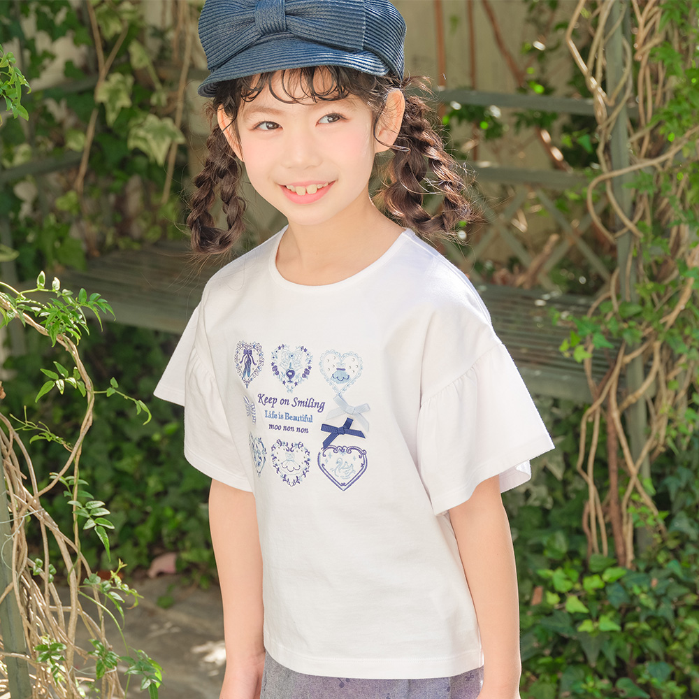 子供服 女の子 綿100％ ロゴハートお花刺繍 リボンTシャツ