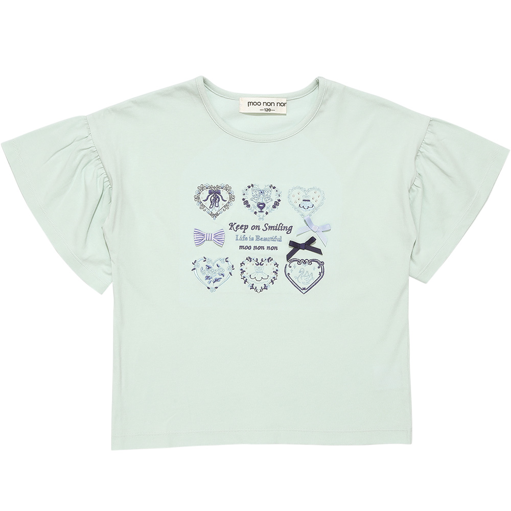 子供服 女の子 綿100％ ロゴハートお花刺繍 リボンTシャツ グリーン(08) 正面