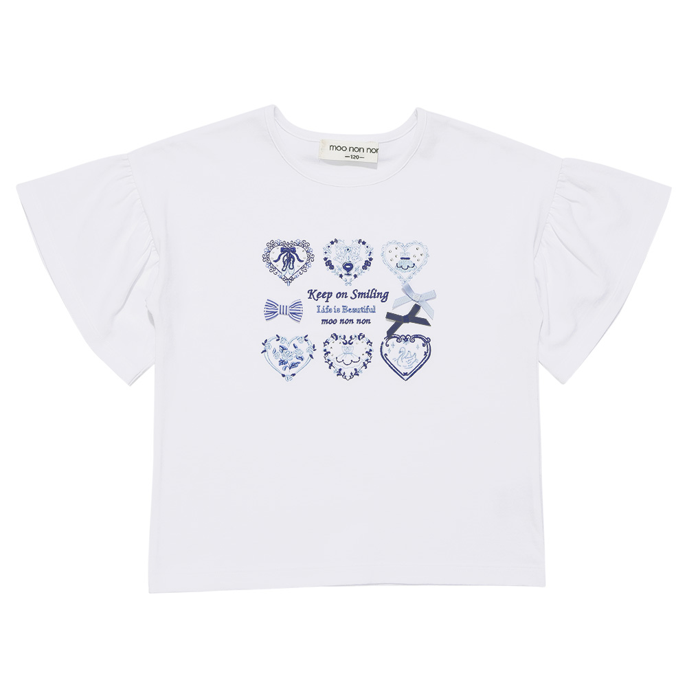 子供服 女の子 綿100％ ロゴハートお花刺繍 リボンTシャツ オフホワイト(11) 正面