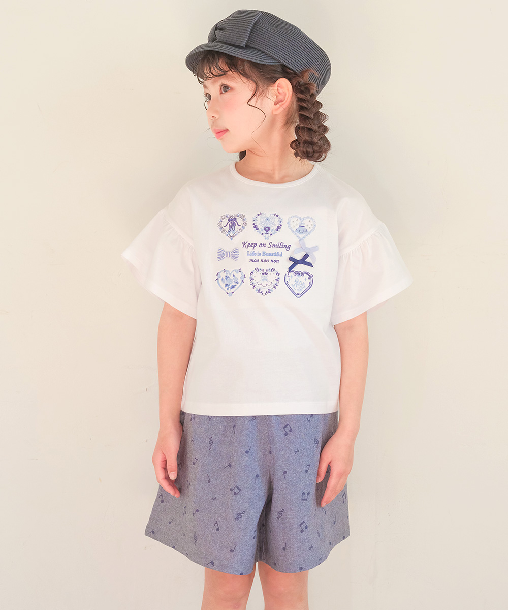 子供服 女の子 綿100％ ロゴハートお花刺繍 リボンTシャツ オフホワイト(11) モデル画像3