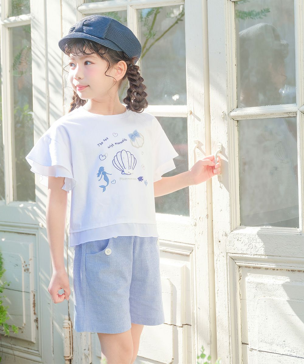 子供服 女の子 ストライプ柄 音符刺繍 ショートパンツ風キュロットパンツ ブルー(61) モデル画像全身