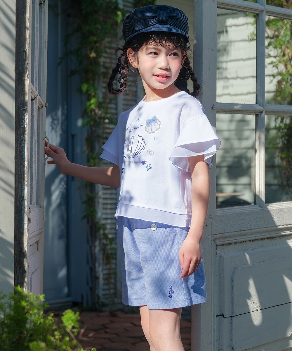 子供服 女の子 ストライプ柄 音符刺繍 ショートパンツ風キュロットパンツ ブルー(61) モデル画像1