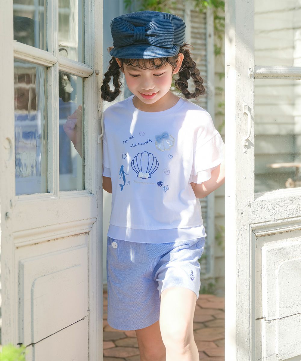 子供服 女の子 ストライプ柄 音符刺繍 ショートパンツ風キュロットパンツ ブルー(61) モデル画像2