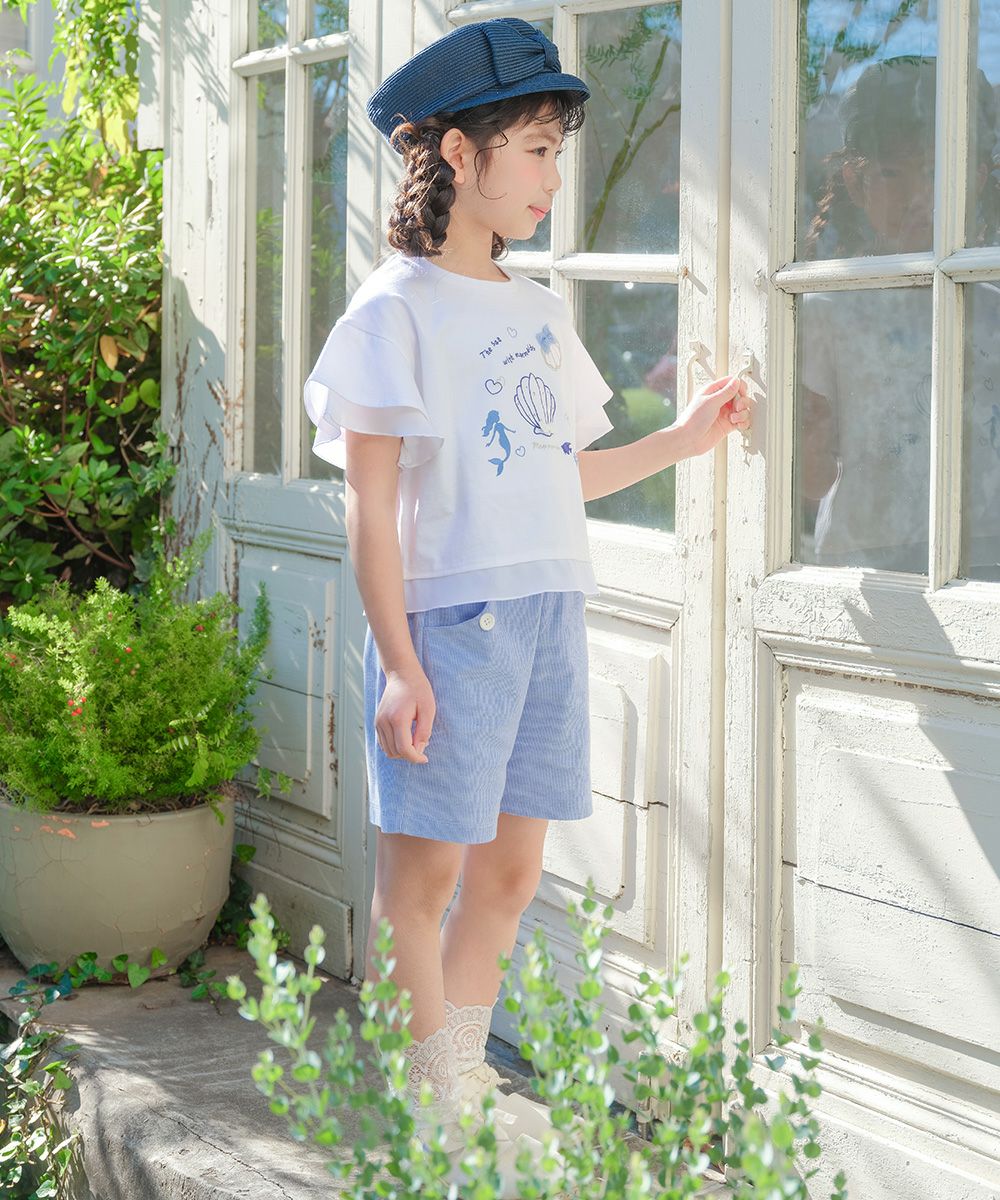 子供服 女の子 ストライプ柄 音符刺繍 ショートパンツ風キュロットパンツ ブルー(61) モデル画像3