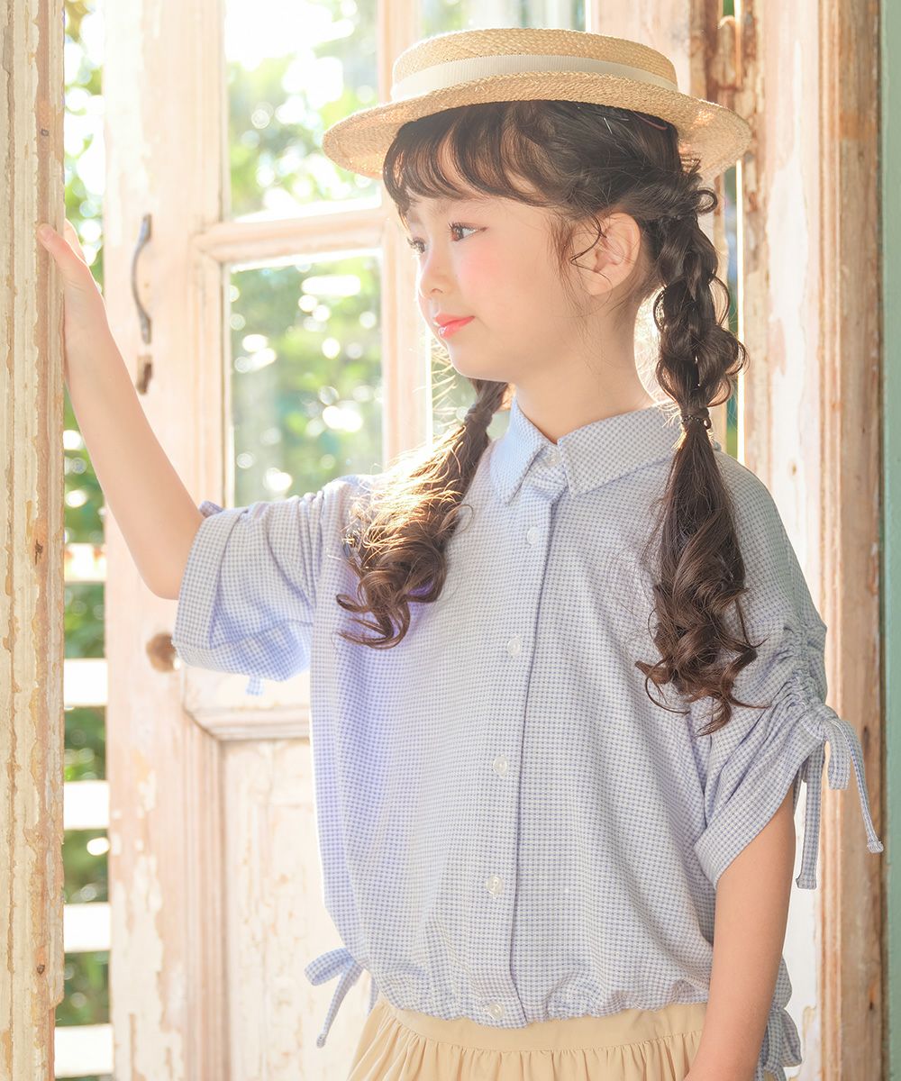 子供服 女の子 チェック柄 2way 襟付き前開きシャツ ブルー(61) モデル画像アップ