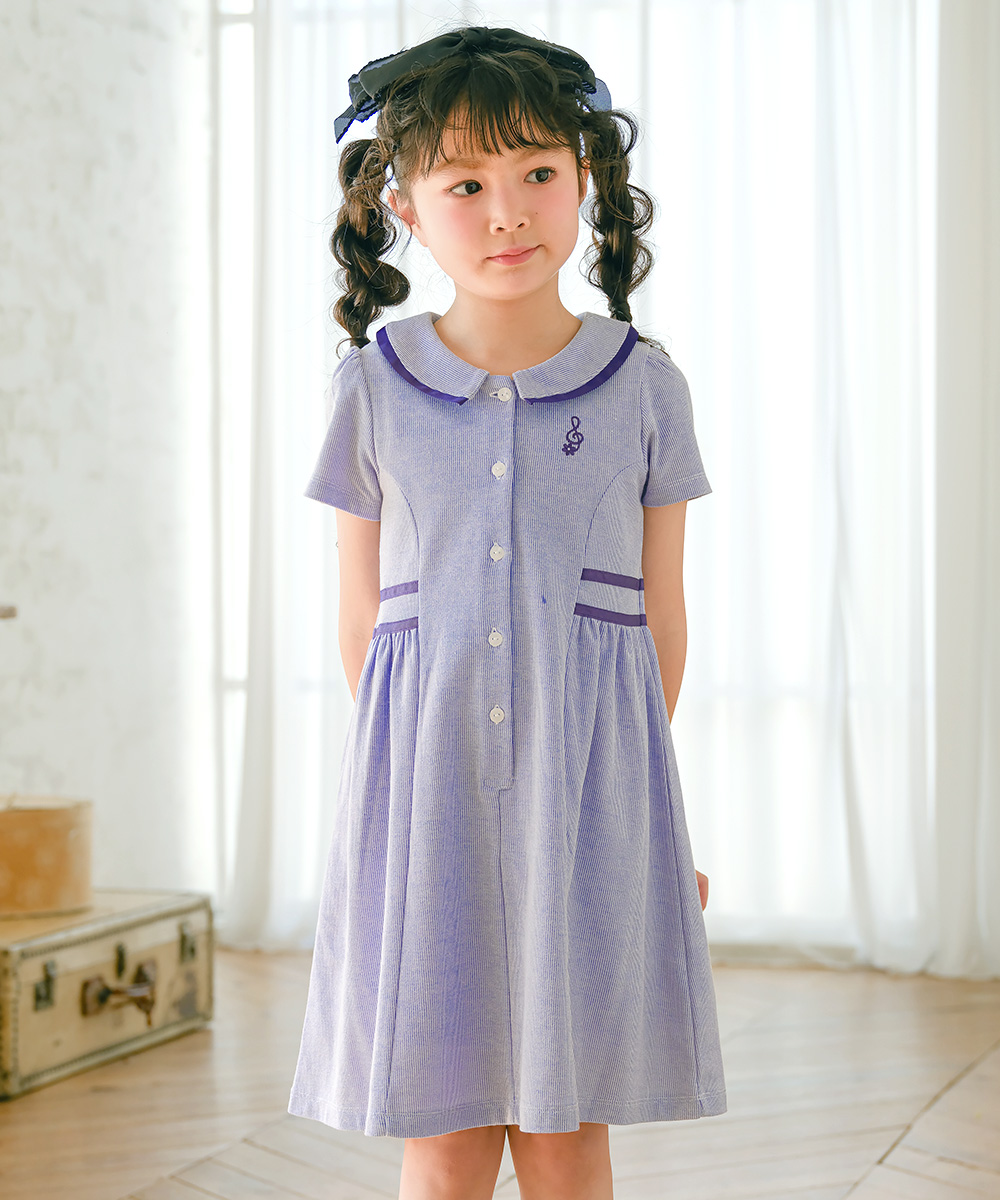 子供服 女の子 ストライプ柄 襟付き ギャザーワンピース ブルー(61) モデル画像2
