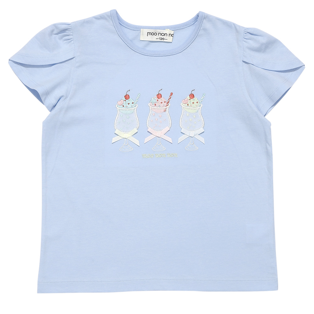 ベビー服 女の子 綿100％ クリームソーダ刺繍Tシャツ ブルー(61) 正面