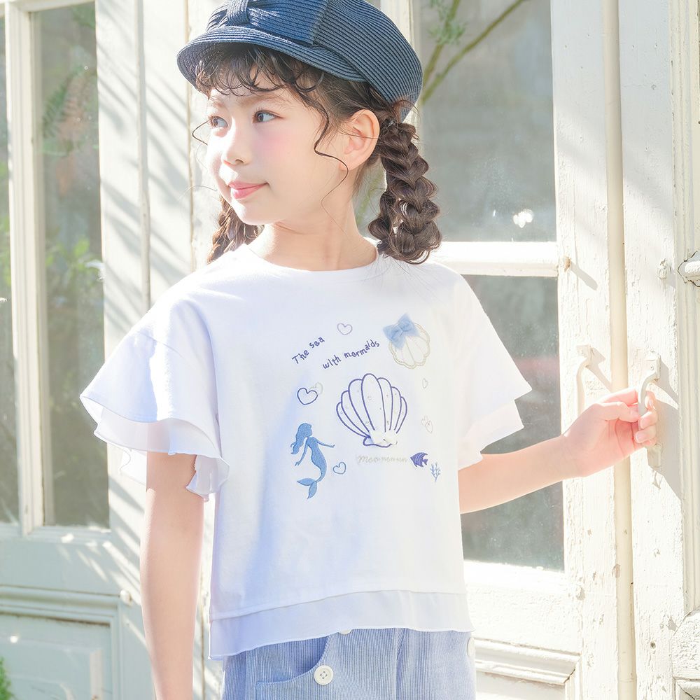 子供服 女の子 貝殻＆マーメイド刺繍 シフォン切り替えショート丈Tシャツ