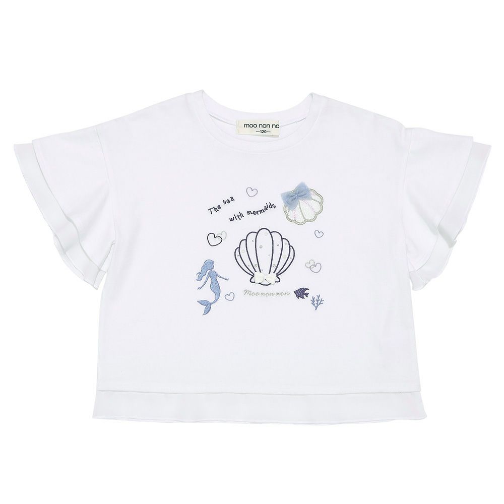 子供服 女の子 貝殻＆マーメイド刺繍 シフォン切り替えショート丈Tシャツ オフホワイト(11) 正面