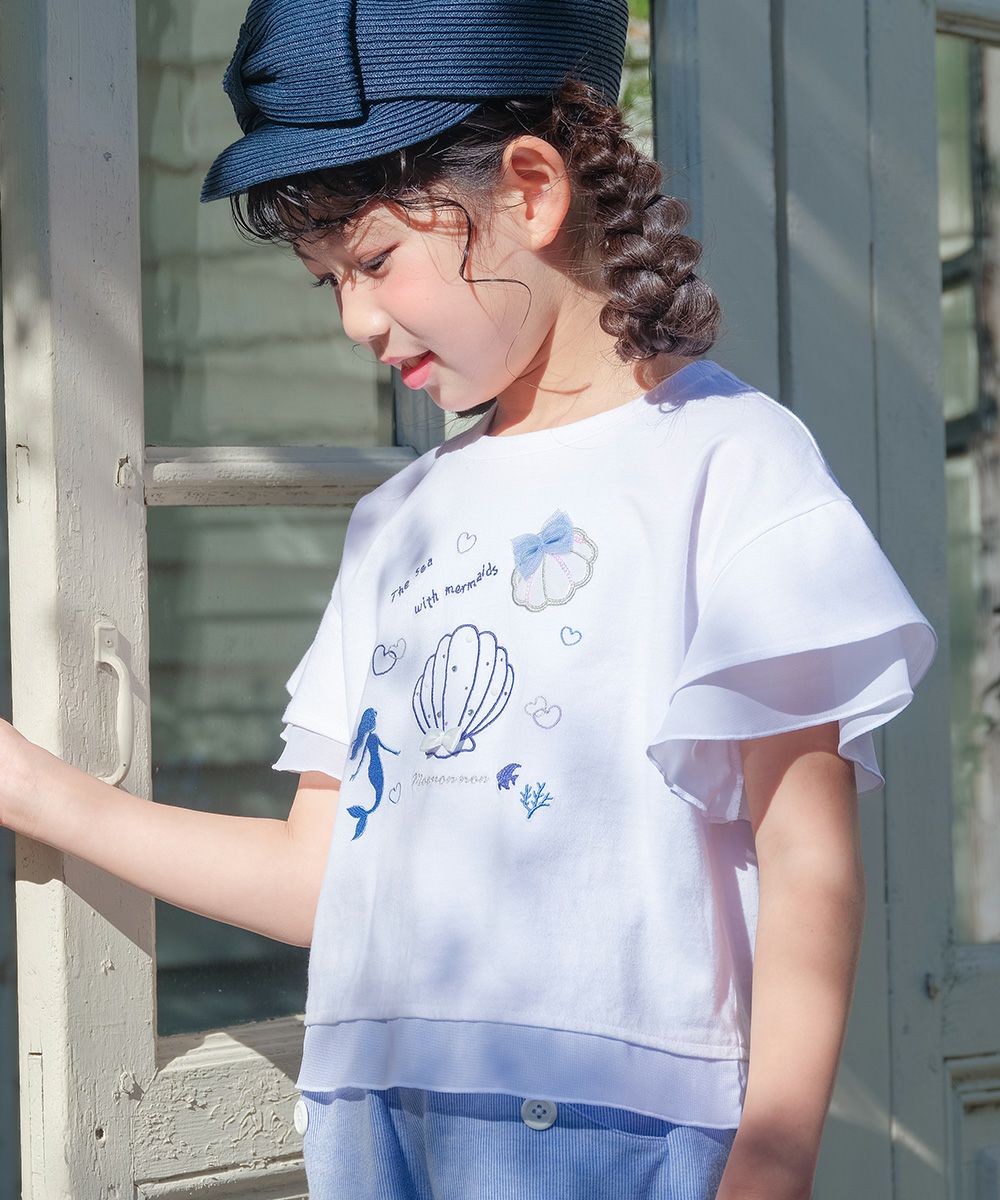 子供服 女の子 貝殻＆マーメイド刺繍 シフォン切り替えショート丈Tシャツ オフホワイト(11) モデル画像アップ