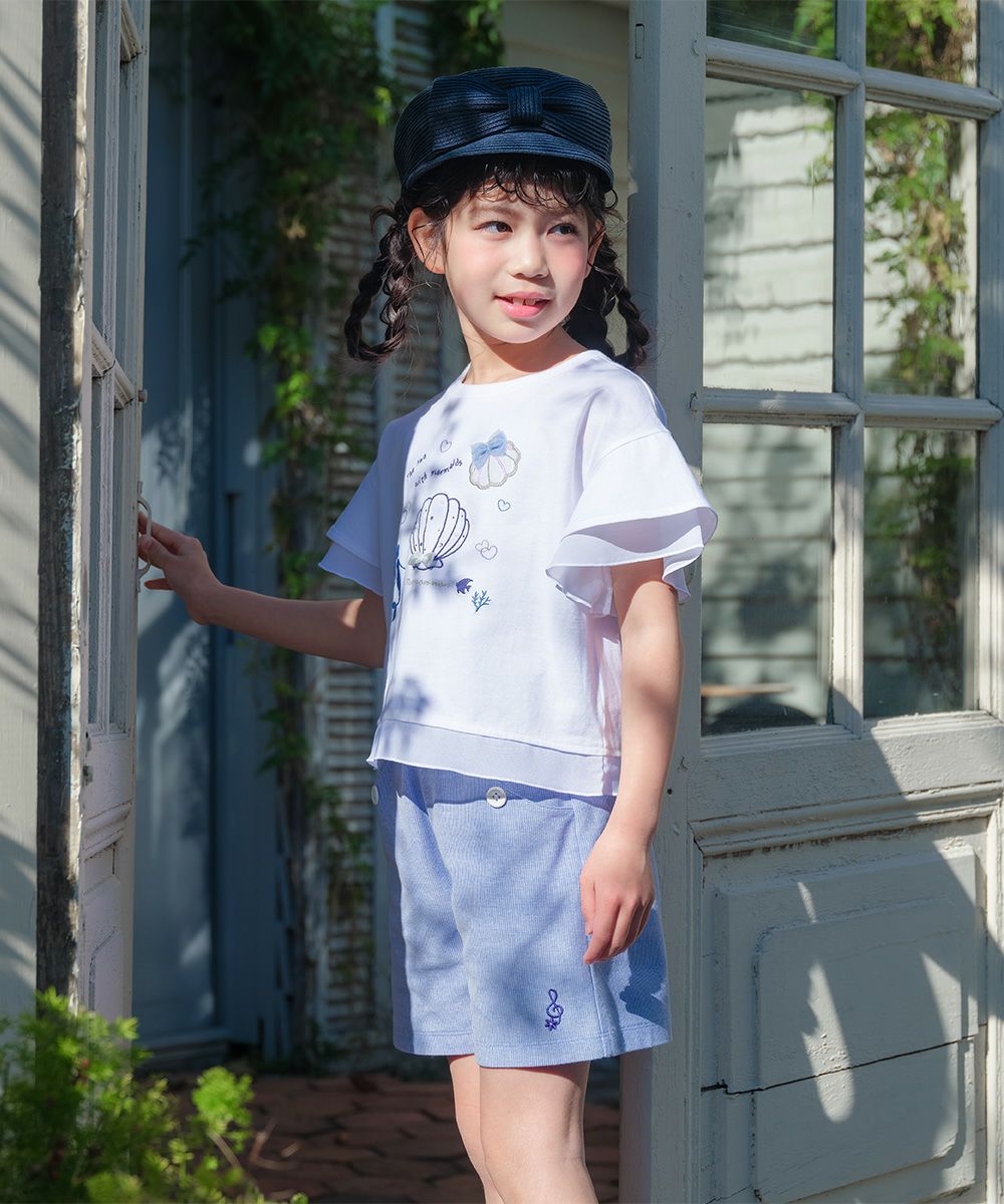 子供服 女の子 貝殻＆マーメイド刺繍 シフォン切り替えショート丈Tシャツ オフホワイト(11) モデル画像全身